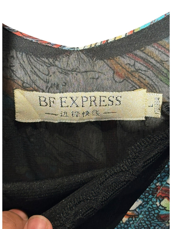 OutOf10 BF EXPRESS sleeveless floral dress label showing brand name and size L on multi-coloured botanical fabric