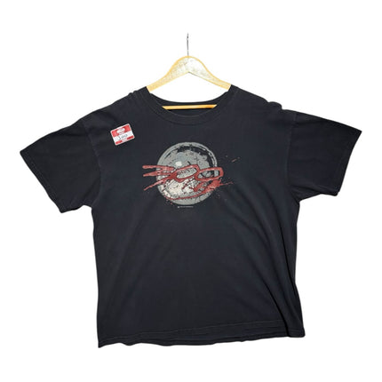 OutOf10 black cotton crewneck t-shirt featuring a distressed 300 movie logo and shield graphic on the front.