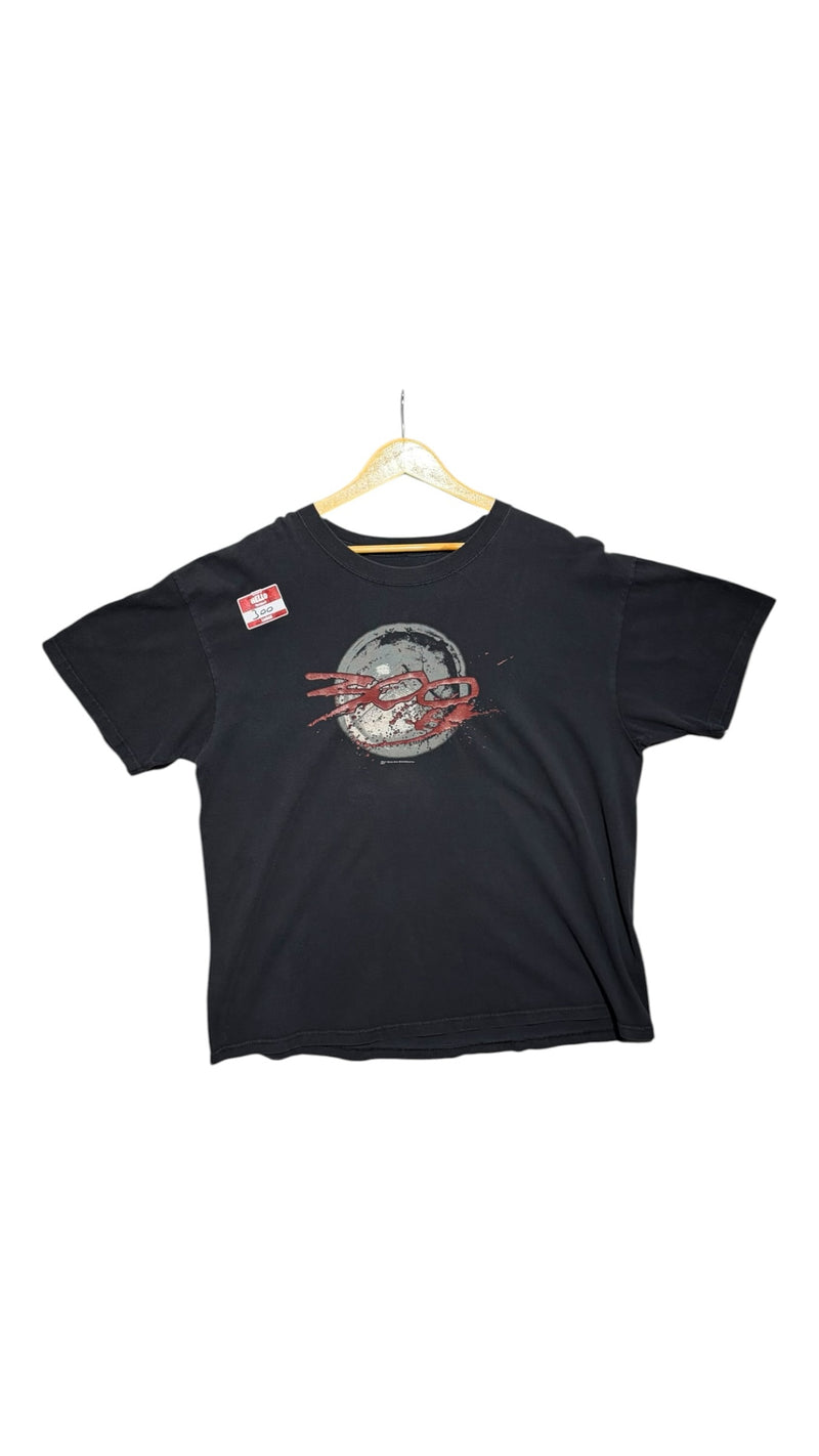 OutOf10 black cotton crewneck t-shirt featuring a distressed 300 movie logo and shield graphic on the front.