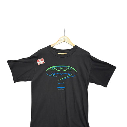 OutOf10 black cotton crewneck t-shirt featuring a neon green and electric blue Batman logo graphic print