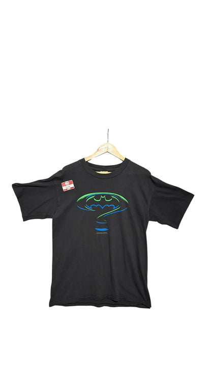 OutOf10 black cotton crewneck t-shirt featuring a neon green and electric blue Batman logo graphic print