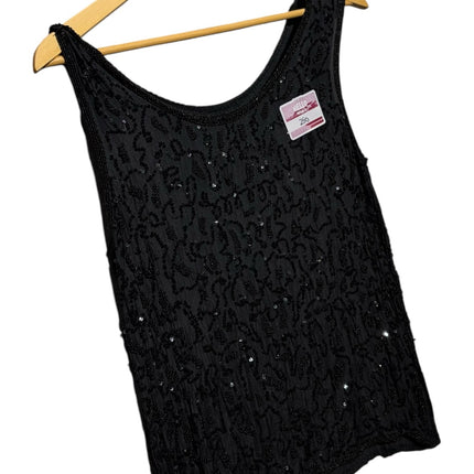 OutOf10 black sleeveless evening tank top featuring an intricate all-over beaded and sequin pattern on a scoop neckline