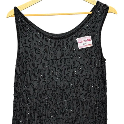 OutOf10 black sleeveless evening tank top featuring an intricate all-over beaded and sequined pattern on a scoop neck