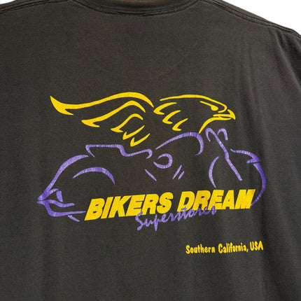 OutOf10 black cotton t-shirt featuring a yellow and purple Bikers Dream eagle graphic on the back