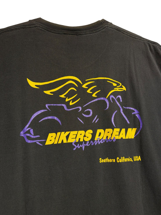 OutOf10 black cotton t-shirt featuring a yellow and purple Bikers Dream eagle graphic on the back