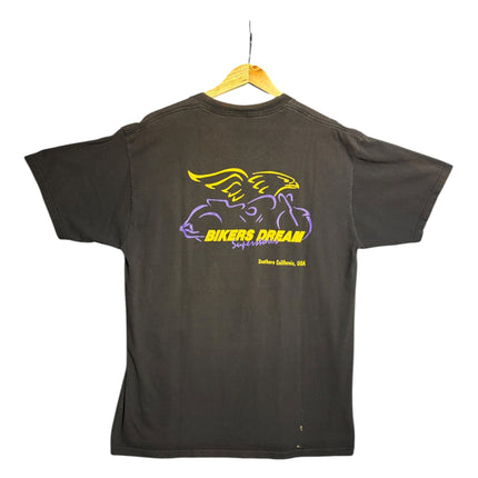 OutOf10 black cotton t-shirt featuring a yellow and purple Bikers Dream eagle graphic on the back