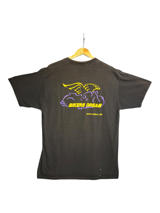 OutOf10 black cotton t-shirt featuring a yellow and purple Bikers Dream eagle graphic on the back