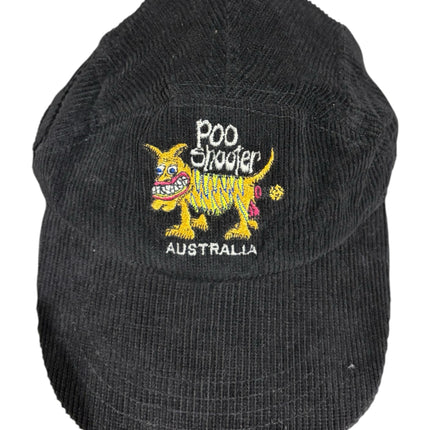 OutOf10 black corduroy five-panel baseball cap featuring a vibrant embroidered Poo Shooter Australia graphic on front