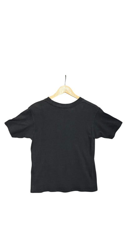 OutOf10 black cotton crewneck t-shirt viewed from the back on a wooden hanger