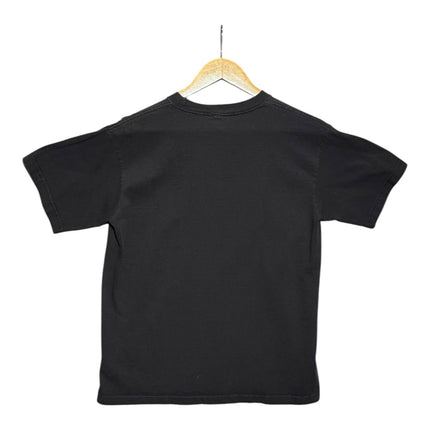 OutOf10 black crew-neck cotton t-shirt shown from the back on a wooden hanger