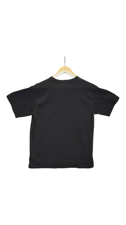 OutOf10 black crew-neck cotton t-shirt shown from the back on a wooden hanger