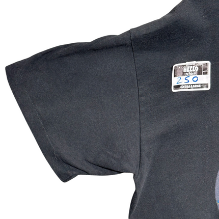 OutOf10 black cotton t-shirt sleeve with a vintage price tag sticker attached