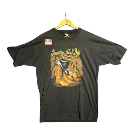 OutOf10 black cotton t-shirt featuring a rustic Country til I Die graphic with cowboy boots, hat, and fiddle.