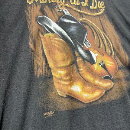OutOf10 black cotton t-shirt featuring a rustic Country til I Die graphic with cowboy boots, hat, and fiddle.