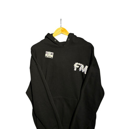 OutOf10 black cotton blend pullover hoodie featuring The Weeknd Dawn FM graphic logo on the chest and a kangaroo pocket