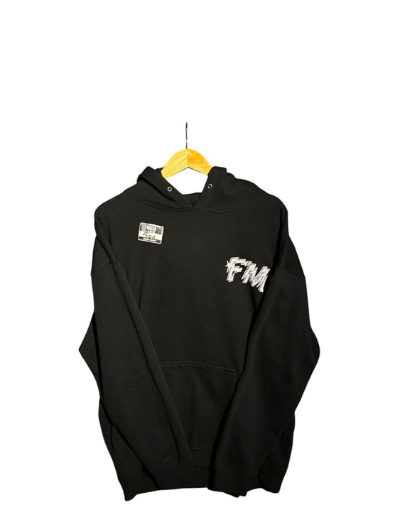 OutOf10 black cotton blend pullover hoodie featuring The Weeknd Dawn FM graphic logo on the chest and a kangaroo pocket