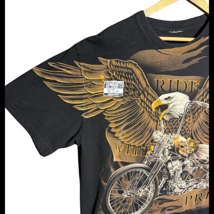 OutOf10 black cotton t-shirt featuring a detailed graphic of an eagle and a motorcycle with Ride With Pride text.