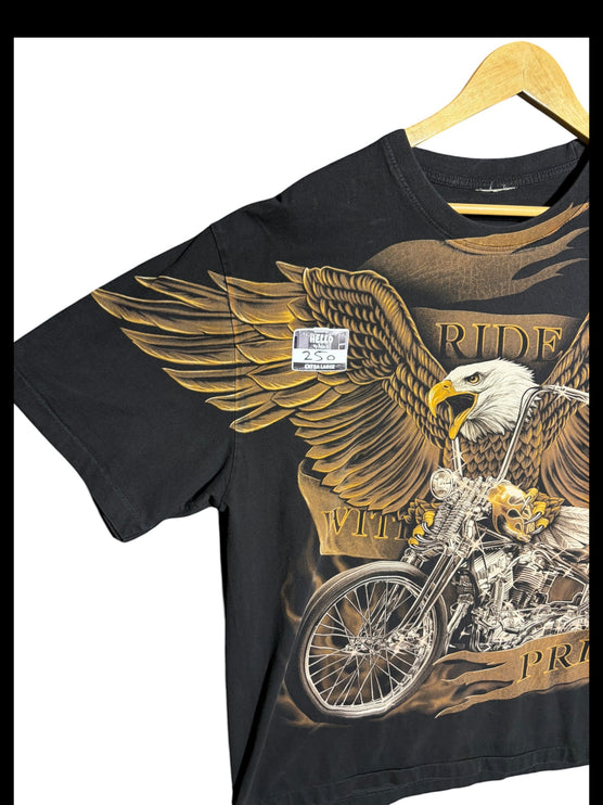 OutOf10 black cotton t-shirt featuring a detailed graphic of an eagle and a motorcycle with Ride With Pride text.