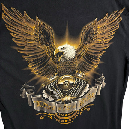 OutOf10 black cotton t-shirt featuring a detailed graphic of an eagle perched on a V-twin engine with Live to Ride text
