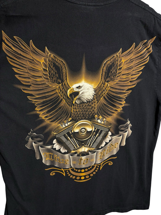OutOf10 black cotton t-shirt featuring a detailed graphic of an eagle perched on a V-twin engine with Live to Ride text