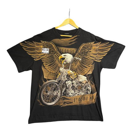 OutOf10 black cotton t-shirt featuring a detailed graphic of an eagle and motorcycle with Ride With Pride text