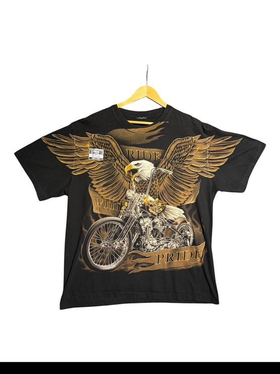 OutOf10 black cotton t-shirt featuring a detailed graphic of an eagle and motorcycle with Ride With Pride text