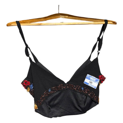 OutOf10 black cropped camisole top with V-neckline, featuring multi-coloured beadwork and sequin trim on a hanger.