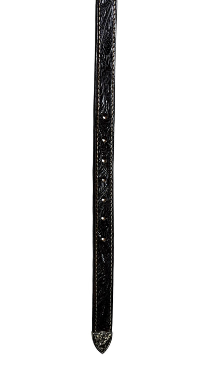 OutOf10 black leather belt with intricate floral embossing and a polished silver-tone tip for a Western-inspired look.