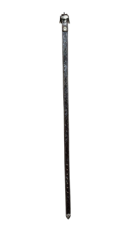 OutOf10 black leather Western belt with intricate floral embossing and a polished silver-tone buckle and tip.