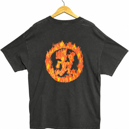 OutOf10 black cotton short sleeve t-shirt featuring a circular fire emblem graphic on the back