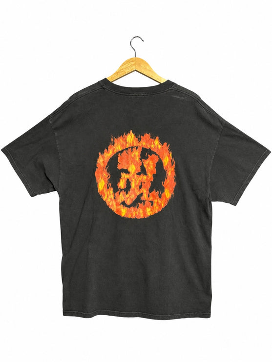 OutOf10 black cotton short sleeve t-shirt featuring a circular fire emblem graphic on the back