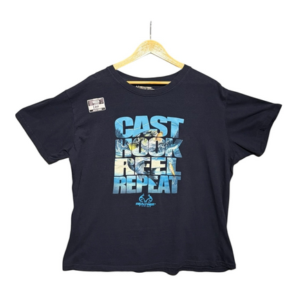 OutOf10 black crew neck short sleeve t-shirt featuring a blue Cast Hook Reel Repeat fishing graphic print