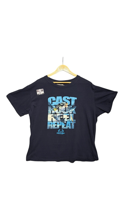 OutOf10 black crew neck short sleeve t-shirt featuring a blue Cast Hook Reel Repeat fishing graphic print