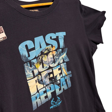 OutOf10 black crew neck short sleeve t-shirt featuring a blue and yellow fishing graphic print on the front