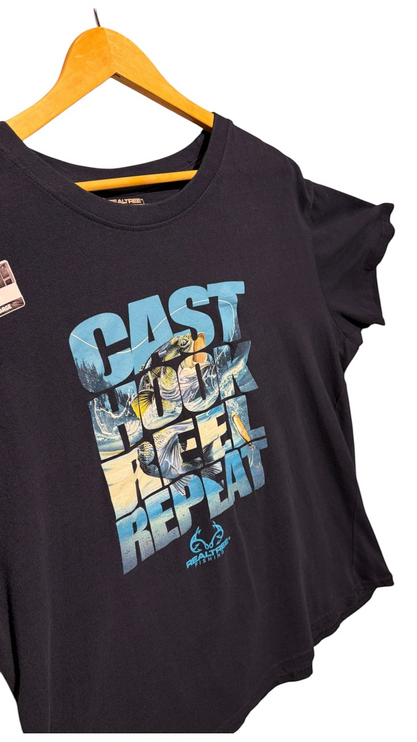 OutOf10 black crew neck short sleeve t-shirt featuring a blue and yellow fishing graphic print on the front