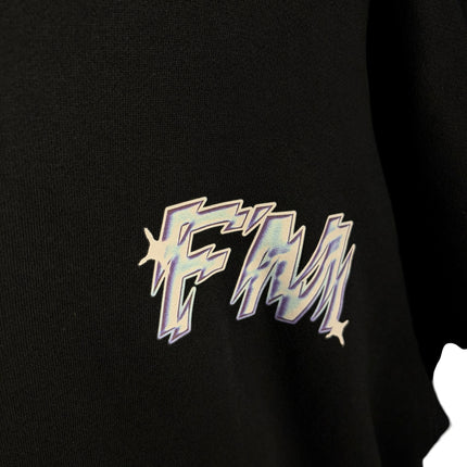 OutOf10 black cotton pullover hoodie featuring a stylized white and blue FM graphic logo on the chest