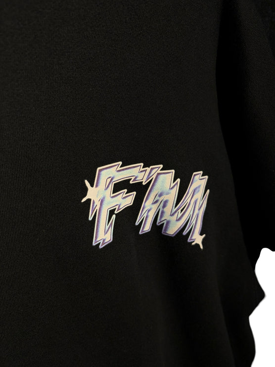 OutOf10 black cotton pullover hoodie featuring a stylized white and blue FM graphic logo on the chest