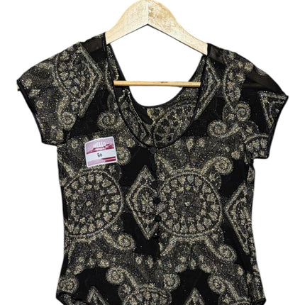OutOf10 black and gold metallic patterned short sleeve blouse with a scoop neckline and front button detail.