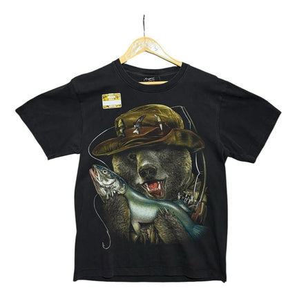 OutOf10 black cotton crewneck t-shirt featuring a graphic print of a grizzly bear wearing a fishing hat with a fish.