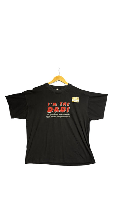 OutOf10 black short sleeve crew neck t-shirt with I'M THE DAD! graphic print in red and white lettering