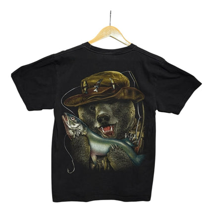 OutOf10 black cotton t-shirt featuring a detailed graphic print of a grizzly bear wearing a fishing hat with a fish.