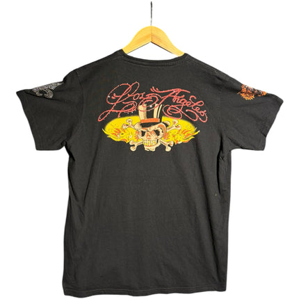 OutOf10 black cotton graphic t-shirt featuring a skull, rose, and Los Angeles script with rhinestone embellishments.