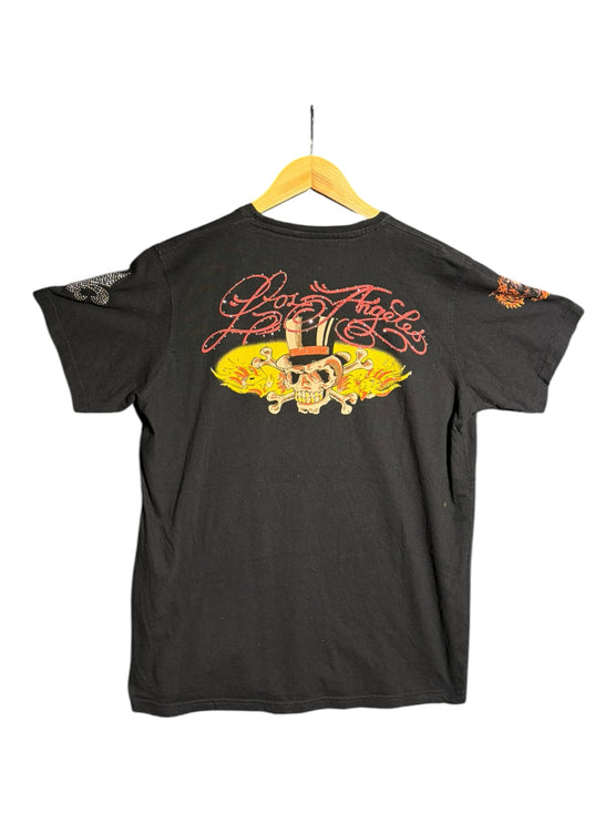 OutOf10 black cotton graphic t-shirt featuring a skull, rose, and Los Angeles script with rhinestone embellishments.