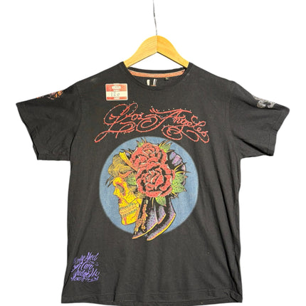 OutOf10 black cotton graphic t-shirt featuring a skull and rose motif with rhinestone accents and Los Angeles script