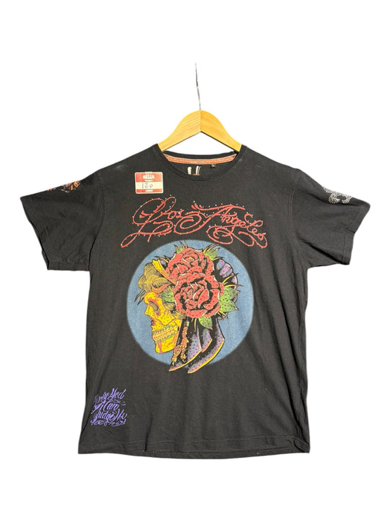 OutOf10 black cotton graphic t-shirt featuring a skull and rose motif with rhinestone accents and Los Angeles script