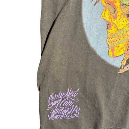 OutOf10 black cotton graphic t-shirt featuring a vibrant skull and rose print with purple script and rhinestones