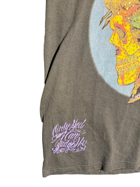 OutOf10 black cotton graphic t-shirt featuring a vibrant skull and rose print with purple script and rhinestones