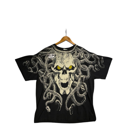 OutOf10 black cotton t-shirt featuring a detailed skeletal skull graphic with yellow eyes and snake skeleton motifs.