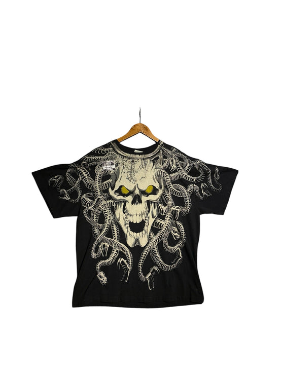 OutOf10 black cotton t-shirt featuring a detailed skeletal skull graphic with yellow eyes and snake skeleton motifs.