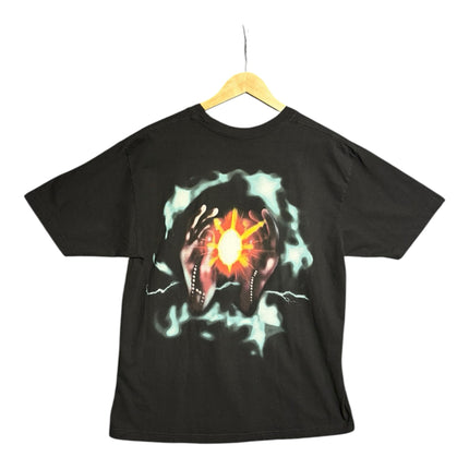 OutOf10 black cotton t-shirt featuring a vibrant graphic print of hands holding a glowing sun on the back